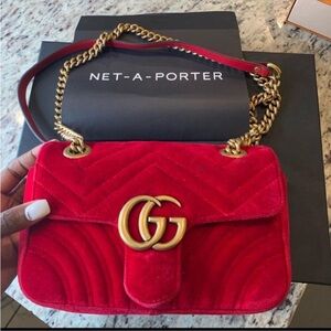 Gucci Red Velvet Shoulder Bag with Gold GG Hardware